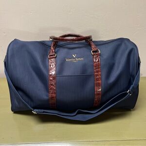 Valentino Verbini Blue Travel Duffel Bag w/ Brown Leather Accents EUC Unisex